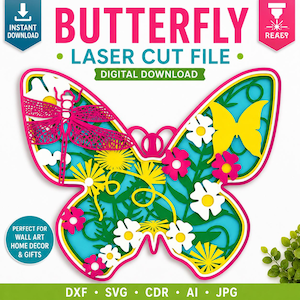 Peut inclure: Un fichier de d&eacute;coupe laser num&eacute;rique pr&eacute;sentant un motif de papillon multicouche avec une libellule, un papillon jaune et diverses fleurs roses, blanches et jaunes. Le texte indique BUTTERFLY LASER CUT FILE, DIGITAL DOWNLOAD, DXF SVG CDR AI JPG.