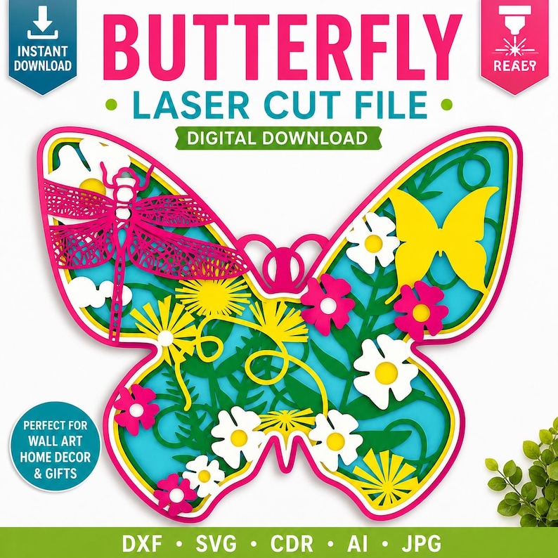 Peut inclure: Un fichier de d&eacute;coupe laser num&eacute;rique pr&eacute;sentant un motif de papillon multicouche avec une libellule, un papillon jaune et diverses fleurs roses, blanches et jaunes. Le texte indique BUTTERFLY LASER CUT FILE, DIGITAL DOWNLOAD, DXF SVG CDR AI JPG.