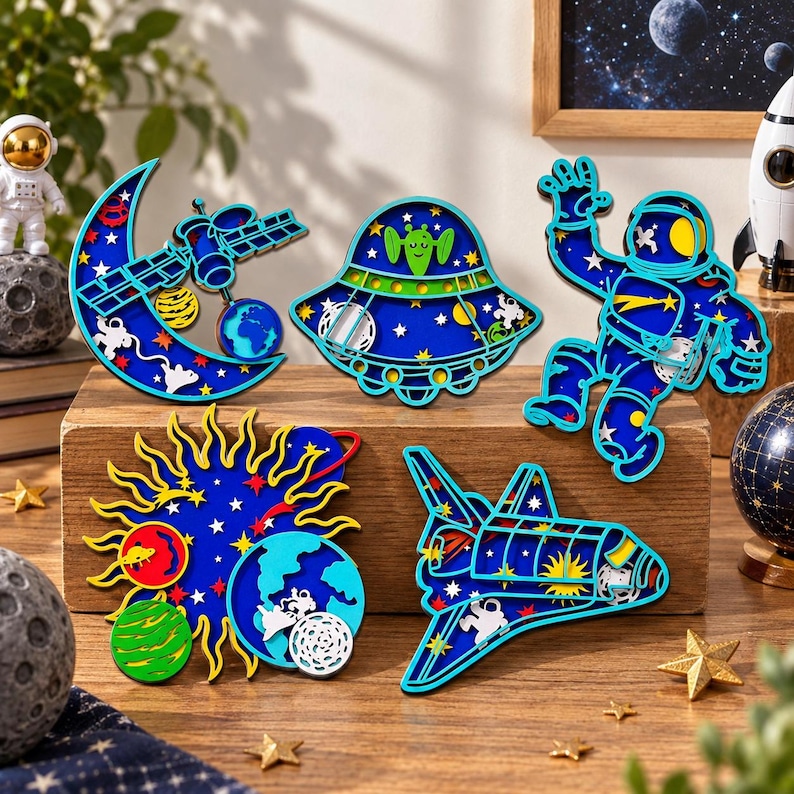 May include: A set of five layered wooden space-themed decorations featuring a crescent moon with a satellite, a green alien in a UFO, an astronaut waving, a sun with planets, and a space shuttle. Each piece displays vibrant blue, yellow, and red colors.