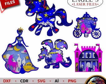 Dıy paint kits files 3D Projects Cinderella Unicorn princess dragon princess car 5 file 5 layers 3mm 19x19 cm laser cut files