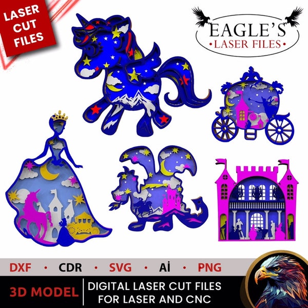 Fichiers de kits de peinture à monter soi-même Projets 3D Cendrillon licorne princesse dragon princesse voiture 5 fichiers 5 couches 3 mm 19 x 19 cm fichiers découpés au laser