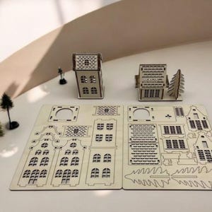 Archivos cortados por láser de casas con iluminación LED (SVG, DXF), modelo mini 3D listo para Glowforge, decoración navideña digital, descarga CNC