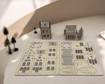 Christmas Village LED Light-Up Houses Laser Cut Files | Glowforge xTool CNC SVG | 3D Wooden Mini Village with Tree