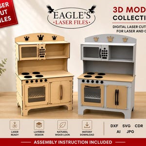 Archivos SVG de cocina de juguete cortada con láser – Modelo 3D de cocina de juguete de madera (descarga digital)