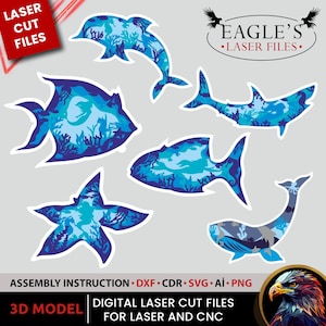 MEGA Bundle Sea Fish Svg Pack Layered 3D Laser Cutting Files, Laser cut files, lightburn files, 3d layered svg files, sea animals files