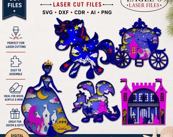 Lot SVG licorne multicouche | Fichiers découpés au laser licorne en couches 3D | Art mural fantastique magique | Décoration enchantée - Téléchargement immédiat