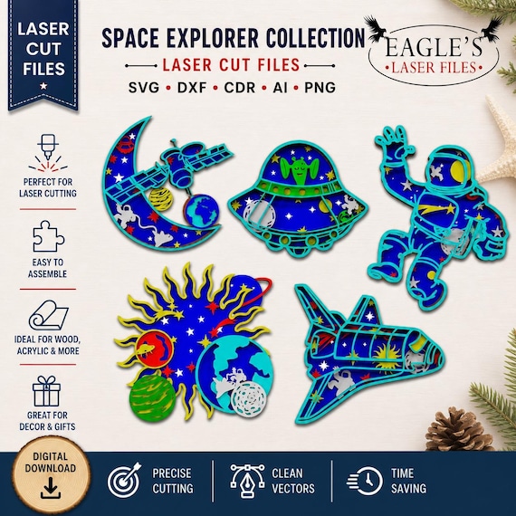 Space Multilayer SVG Bundle |  for Glowforge & xTool - Astronaut, Rocket, Planet, UFO Wall Art, Cosmic Decor