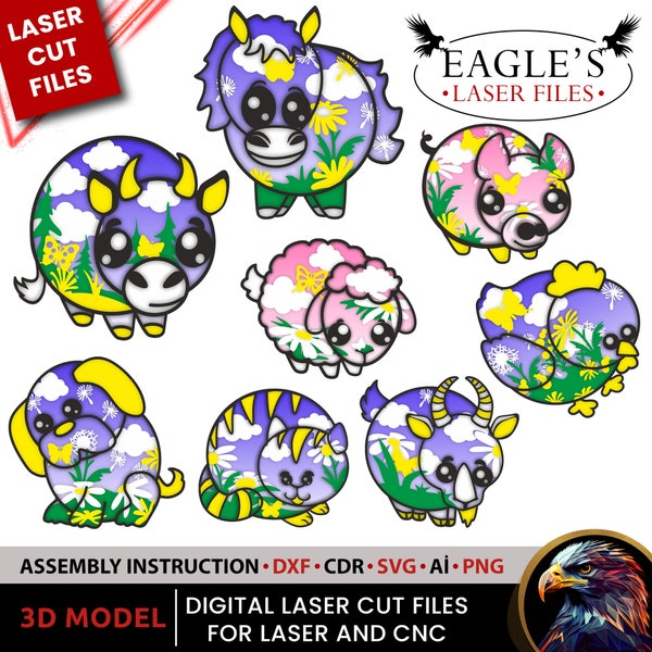 Laser cut files Farm Animals 8 File 5 layers Cow Goat Sheep Lamb Ram Cat Dog Chick Files handicraft files DIY kits, painting kits files