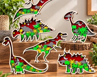 6 Multilayer Dinosaur SVG Bundle, 3D Layered Laser Cut Files (Digital Download)