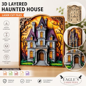 Puede incluir: Una obra de arte de casa embrujada en capas 3D cortada con láser. El diseño presenta una representación detallada y multicapa de una mansión espeluznante con detalles de techo púrpura, ventanas iluminadas y un dramático fondo de puesta de sol.
