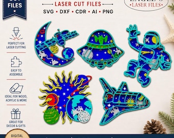 Space Astronaut Multilayer SVG Bundle | UFO Rocket Planet Solar System Laser Cut Files | Glowforge xTool CNC | Kids Space 3D Wall Art