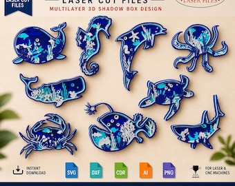 Ocean Animals SVG Bundle Multilayer 3D Laser Cut Files | 9 Sea Creatures Glowforge xTool | Whale Shark Dolphin Jellyfish Wall Art SVG DXF