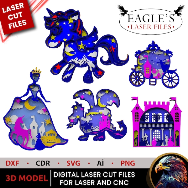 Laser cut files 3D Projects Cinderella Unicorn princess dragon princess car 5 files 5 layers 19x19 cm  DIY painting kits files