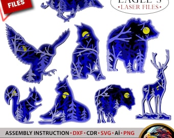 Pacchetto SVG di animali della foresta / File di taglio laser 3D a strati di fauna notturna / Cervo, volpe, gufo, orso Glowforge / Decorazione murale Foresta Mistica