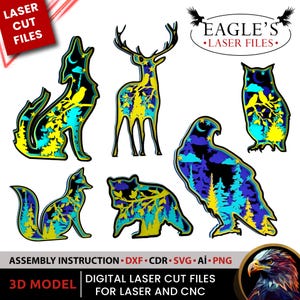 Peut inclure: Une collection de fichiers de découpe laser numériques représentant les silhouettes d'un loup, d'un cerf, d'un hibou, d'un renard, d'un raton laveur et d'un aigle. Chaque forme animale contient une scène de forêt en couches avec des couleurs jaune, bleu et noir. Le texte inclut LASER CUT FILES, EAGLE'S LASER FILES et des formats de fichiers comme DXF, CDR, SVG, AI et PNG.