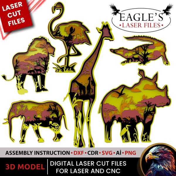 Laser Cut Kits Dateien 195x195 cm Löwe Elefant Krokodil Giraffe Flamingo Nashorn Laser Cuts Dateien 6 Dateien 5-lagig