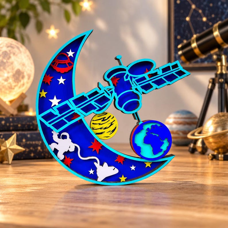 May include: A layered wooden crescent moon decoration featuring a blue background with white stars, a red UFO, a yellow planet, a white astronaut, and a white space shuttle. A blue and cyan satellite and a globe are attached to the front of the moon.