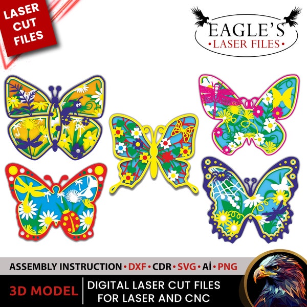 Dıy paint kits files Laser cut Butterfly Files 5 Different Patterns 5-layer 20x18 cm handicraft files , painting kits  Laser cut svg files