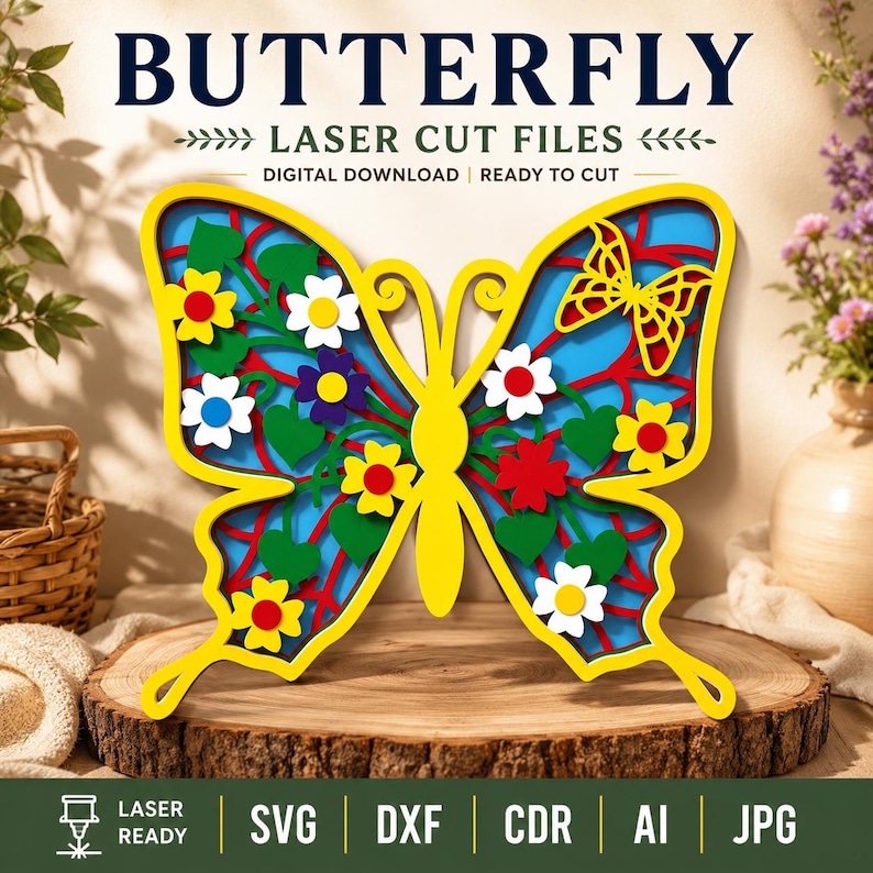 Bundle SVG papillon multicouche - art mural papillon 3D découpé au laser, boîte d'ombre papillon floral DXF, décoration de jardin printanière pour Glowforge Cricut image 2