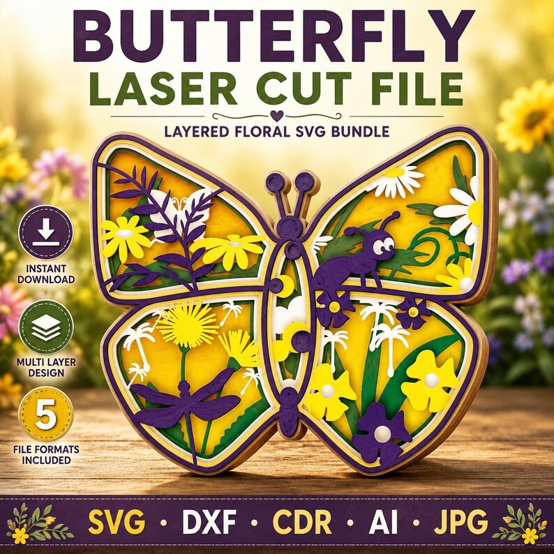 Peut inclure: Un fichier de d&eacute;coupe laser multicouche en forme de papillon avec des motifs floraux jaunes, violets, blancs et verts. Le texte indique BUTTERFLY LASER CUT FILE, LAYERED FLORAL SVG BUNDLE, INSTANT DOWNLOAD, MULTI LAYER DESIGN, 5 FILE FORMATS INCLUDED, SVG, DXF, CDR, AI, JPG.