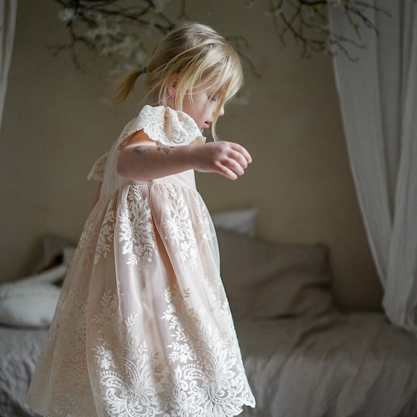 Little Rosali Girls Boho Dress | Lace & Muslin Vintage Dresses For Children | Bohemian Natural Clothing | Kids Little Retro Fashion