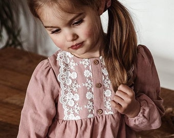 Sophie Girls Boho Dress | Linen & Viscose Lace Vintage Dresses For Children | Bohemian Natural Clothing | Kids Little Retro Fashion