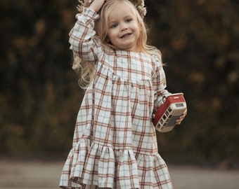 Madeline Girls Boho Dress | Check Flannel Vintage Dresses For Children | Bohemian Natural Clothing | Kids Little Retro Fashion