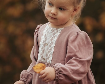 Moly Mädchen Boho Kleid | Leinen & Viskose Spitze Vintage Kleider für Kinder | Boho Naturbekleidung | Kinder Kleine Retro-Mode