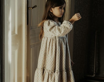 Schönes Boho Kleid für Mädchen | Leinen & Viskose Herzen Vintage Kleider für Kinder | Boho natürliche Kleidung | Kids Little Retro Mode