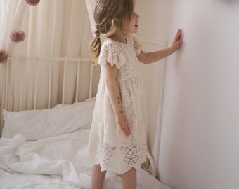 Luisa Girls Boho Dress | Lace & Muslin Vintage Dresses For Children | Bohemian Natural Clothing | Kids Little Retro Fashion