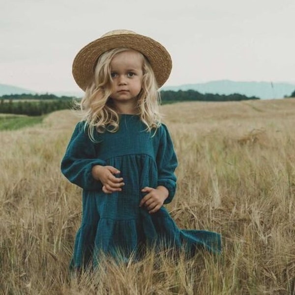 Miley Girls Boho Dress | Muslin Vintage Dresses For Children | Bohemian Natural Clothing | Kids Little Retro Fashion