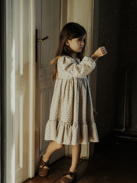 Lovely Girls Boho Dress Linen Viscose Hearts Vintage Dresses