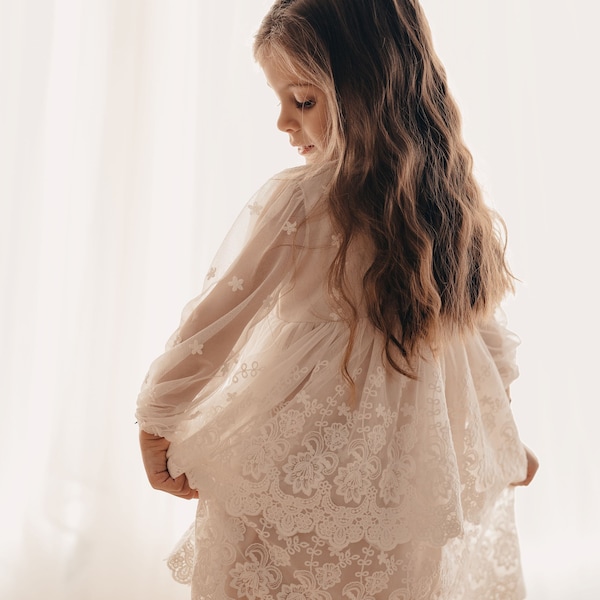 Nancy Girls Cream Tulle Dress: Embroidered Flower Lace, Boho Vintage Style