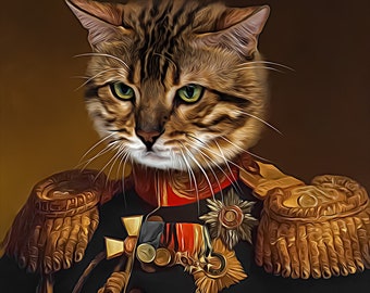 Custom CAT GENERAL Portrait, Regal Pet Portrait, Royal Pet Portrait, War General, Pet Lover Gift, Regal Cat Portrait, Cat Custom Portrait