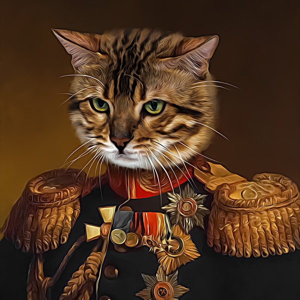 Custom CAT GENERAL Portrait, Regal Pet Portrait, Royal Pet Portrait, War General, Pet Lover Gift, Regal Cat Portrait, Cat Custom Portrait