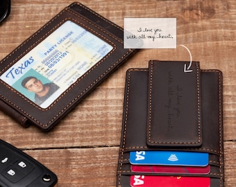 Billetera de cuero personalizable con clip para billetes y grabado, billetera de cuero hecha a mano con clip para billetes, regalo para él o para ella, billetera elegante con clip para billetes
