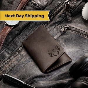 Cartera de cuero triple personalizable, hecha a mano, ideal como regalo de Navidad para empleados, multiusos.
