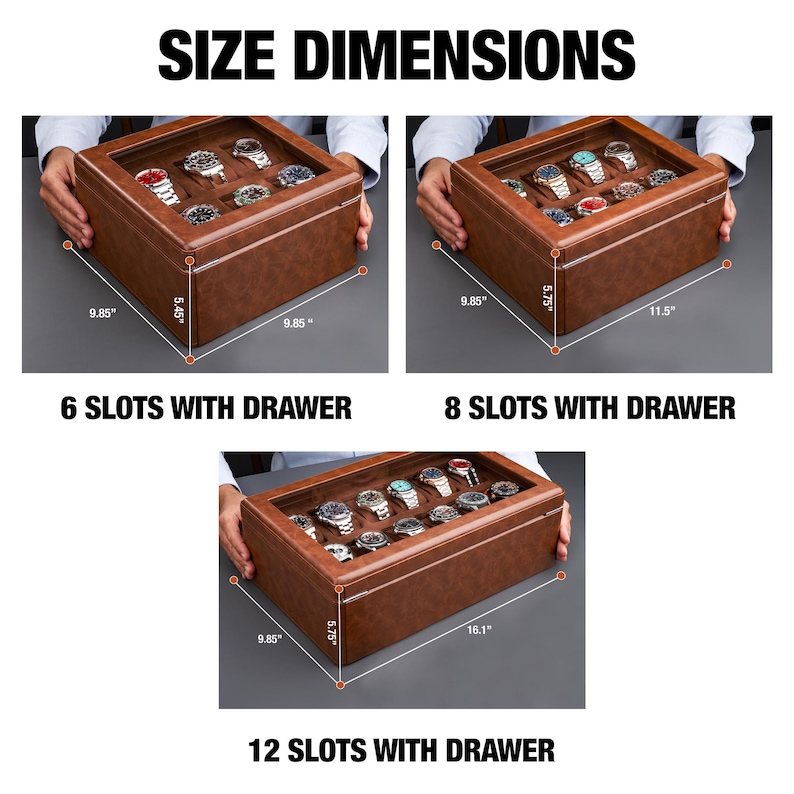 May include: Brown watch display cases with glass lids and drawers. The 6-slot box measures 9.85 inches by 9.85 inches by 5.45 inches. The 8-slot box measures 9.85 inches by 11.5 inches by 5.75 inches. The 12-slot box measures 9.85 inches by 16.1 inches by 5.75 inches.
