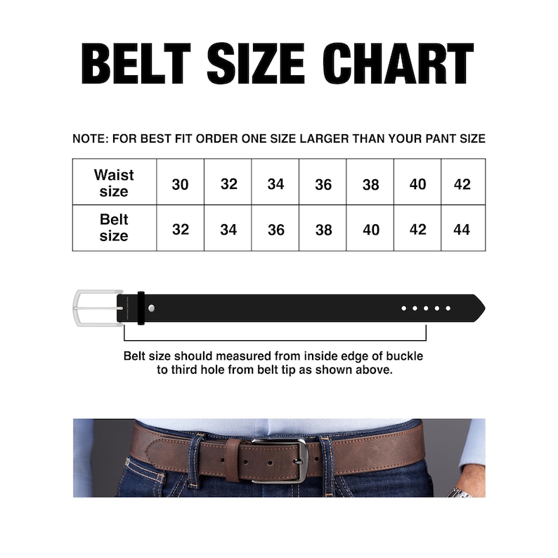 Pu&ograve; includere: Una tabella delle taglie delle cinture con una cintura e una fibbia nere. La tabella mostra la taglia della vita in pollici e la taglia della cintura corrispondente in pollici. Nota: Per una vestibilit&agrave; migliore, ordina una taglia in pi&ugrave; rispetto alla tua taglia di pantaloni.