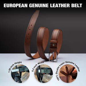 May include: A brown leather belt with a silver buckle. The belt is 1.30 inches high and 0.2 inches wide. The belt is made of 100% double layer genuine leather.