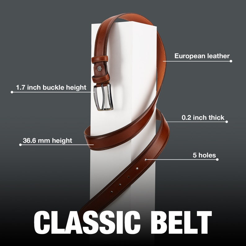 May include: A brown leather belt with a silver buckle. The belt is 0.2 inches thick and has 5 holes. The buckle is 1.7 inches tall. The belt is made of European leather.