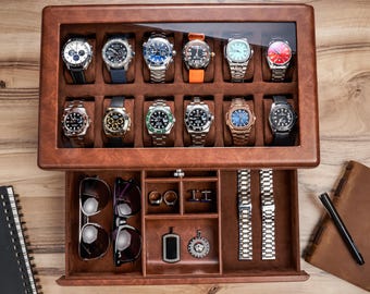 Multiple Slots Luxury PU Leather Watch Box For Men with Drawer, Watch Jewelry Organizer, Father's Day Gift, Gift Box Included