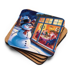 Christmas Cork-back Coaster, Grumpy Snowman Coaster, Drink Coaster, Christmas Coaster, Funny Coasters