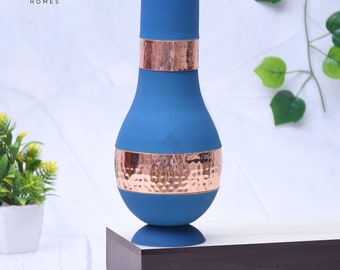 Pure Copper Silk Blue Modern Surahi with Inbuilt Glass Capacity 1000ML.