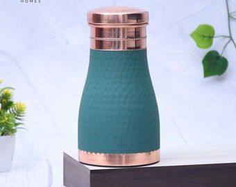 Pure Copper Silk Green Bedside Jar with Inbuilt Glass Capacity 1000ML.