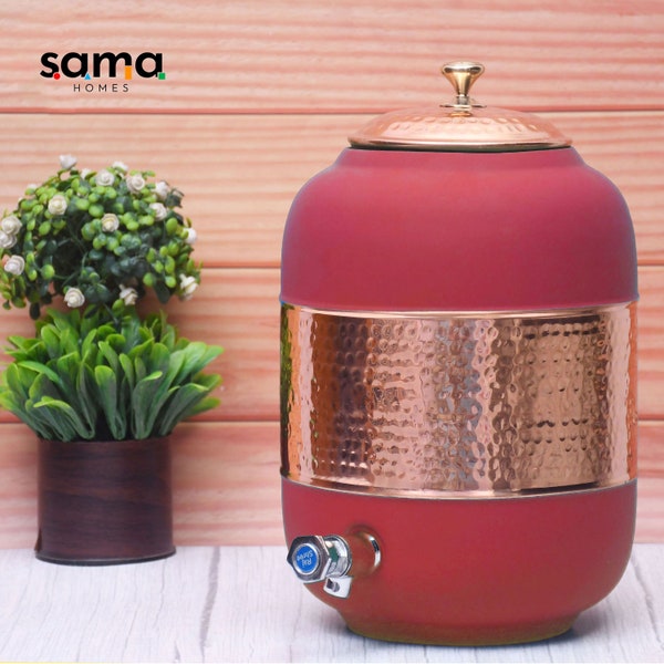 Copper Water Dispenser with Silk Finish and Half Hammered Design 5 & 8 Liter | Colours Available - Red, Blue, Green, Yellow, Black, Gray