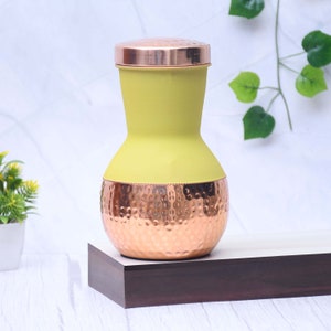 Pure Copper Silk Yellow Matka Pot with Inbuilt Glass Capacity 1200ML image 4