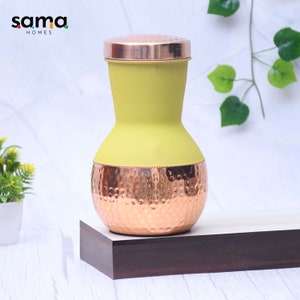 Pure Copper Silk Yellow Matka Pot with Inbuilt Glass Capacity 1200ML image 1