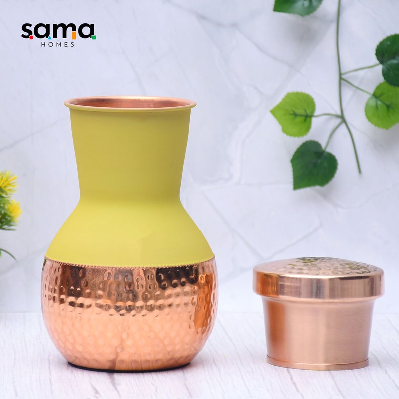 Pure Copper Silk Yellow Matka Pot with Inbuilt Glass Capacity 1200ML image 2