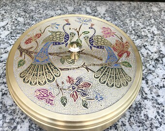 Elegant Etched Brass Masala/Spice Box | Handmade | Peacock Vintage Design | 7 Compartments + 1 Spoon | Multiple sizes available | Gift Idea